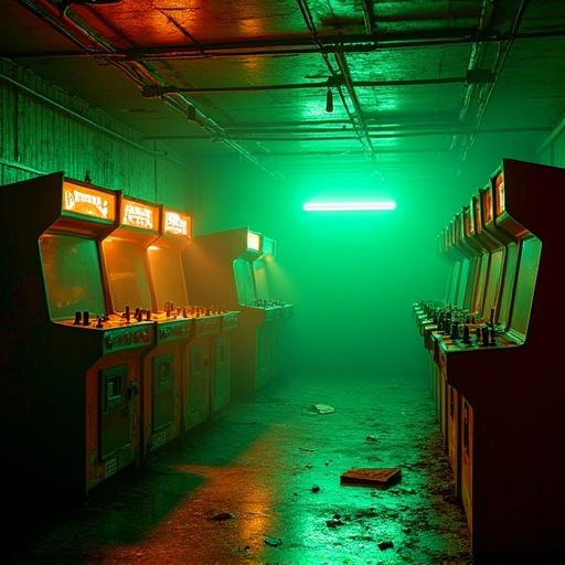 Abandoned underground arcade filled with old machines. Neon signs buzz in darkness. Light casts reflections. Broken joysticks scattered. Dust floats in illuminated air. Retro-futurist grunge style. Eerie mood with game over text and exposed wires.