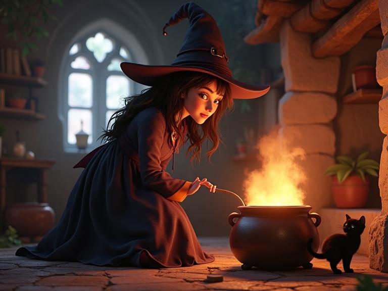 Beautiful adult witch in fairytale cottage with glowing cauldron. Fluffy black cat nearby. Warm magical light surrounds the scene. Detailed dress enhances the whimsical atmosphere. Disney Pixar 3D style used throughout.