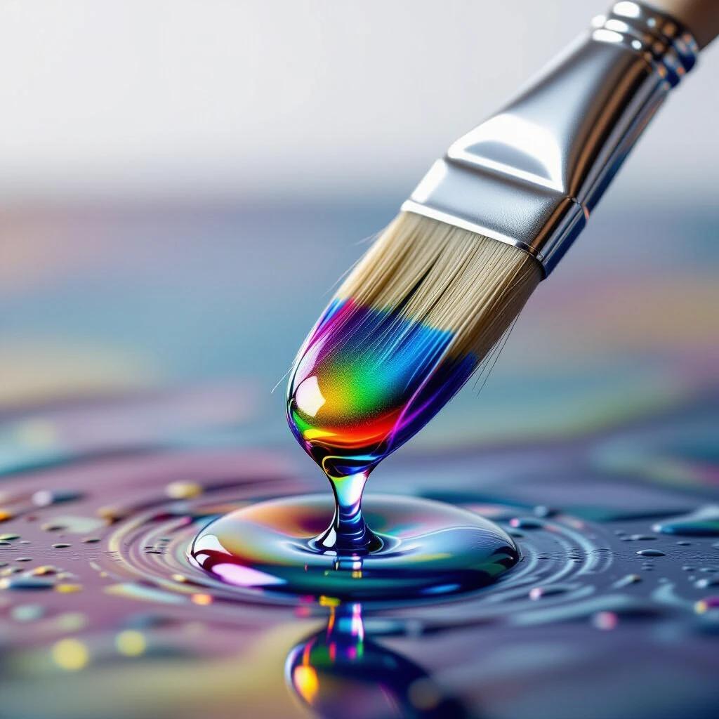 Extreme close-up of paintbrush tip. Vibrant rainbow paint droplet dripping. Shallow depth of field. Blurred brush handle. Clean white background. Photorealistic droplet details. Modern design elements.