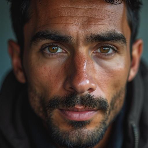 Close-up portrait of a man aged around 40. Focus on facial features and eyes. Natural and soft lighting. Strong emotional expression.