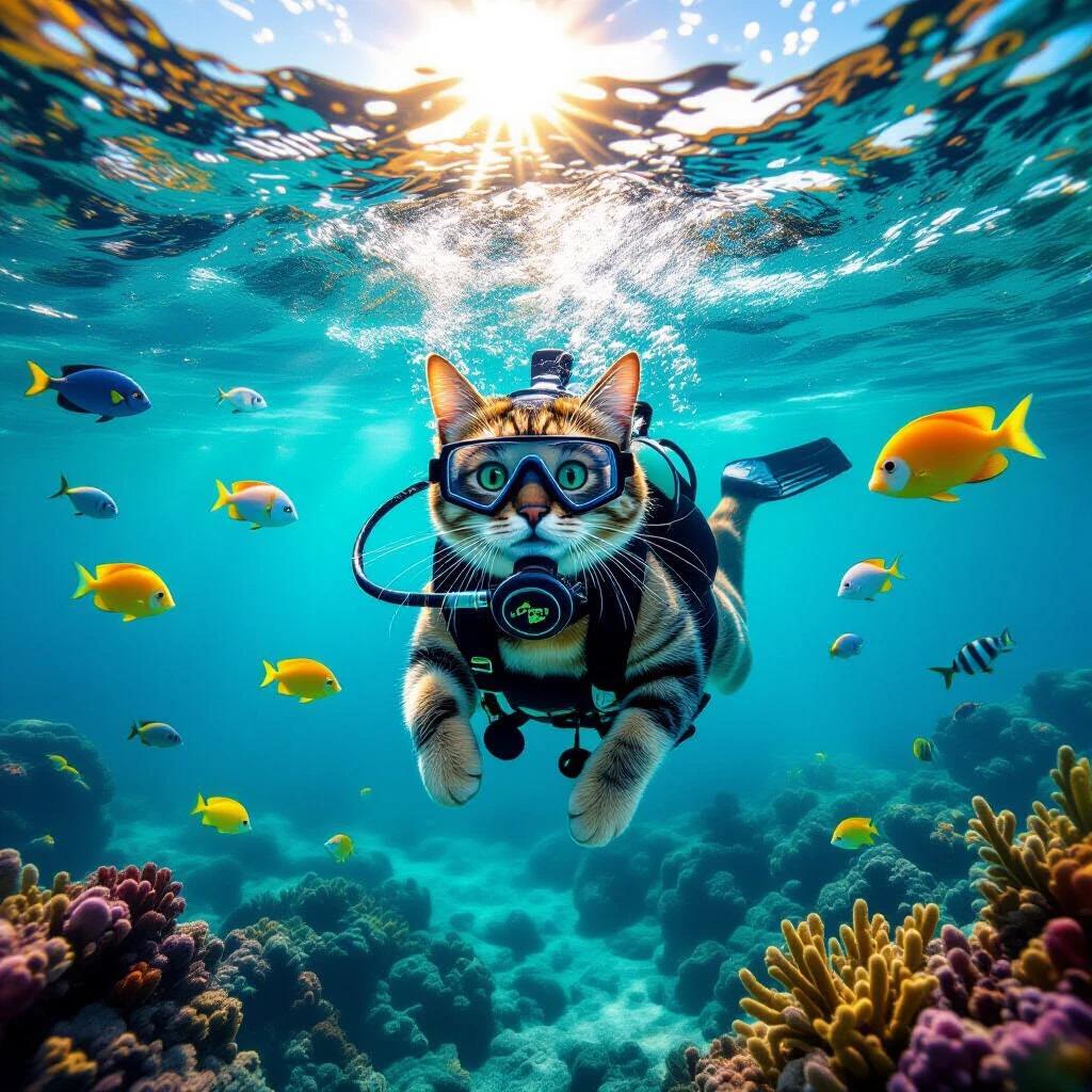 Cat swims underwater with full scuba gear. Colorful fish swim nearby. Sunlight shines on the sea floor. Cat wears diving mask and regulator in mouth. Bubbles rise to the surface. Scene is colorful realistic and cinematic.
