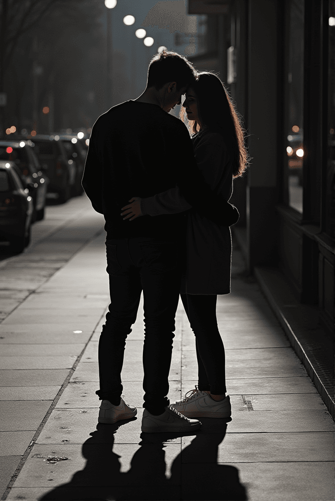 A couple stands close together on a city sidewalk at dusk, illuminated by streetlights.