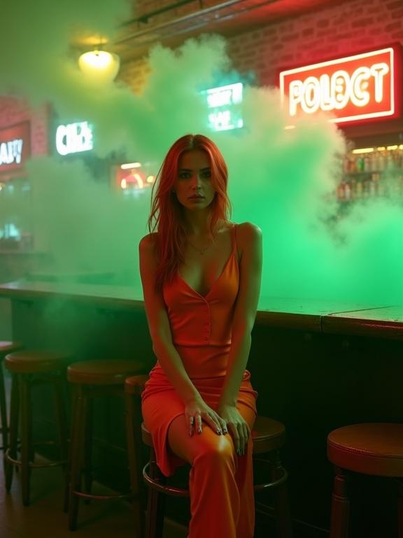 A woman with red hair in a sleek orange dress sits at an empty bar. The atmosphere is filled with green smoke and illuminated by vibrant neon signs. The cybergothic theme is evident with cinematic contrasting colors and a moody ambiance.
