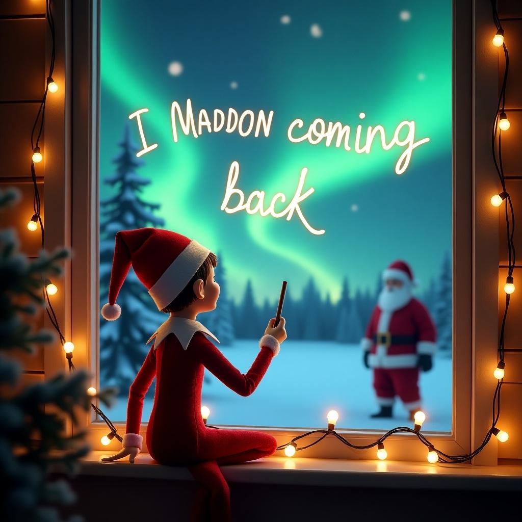 This image features an elf on the shelf sitting by the window, facing away from the viewer. The elf is using a wand to write the words 'Maddon I'm coming back' in the sky. Outside, a magical Christmas landscape is visible, with vibrant northern lights illuminating the scene. In the background, Santa is present, enhancing the festive atmosphere. The scene is cozy and enchanting, perfect for the holiday season. Strings of Christmas lights adorn the window, adding to the magical feeling.