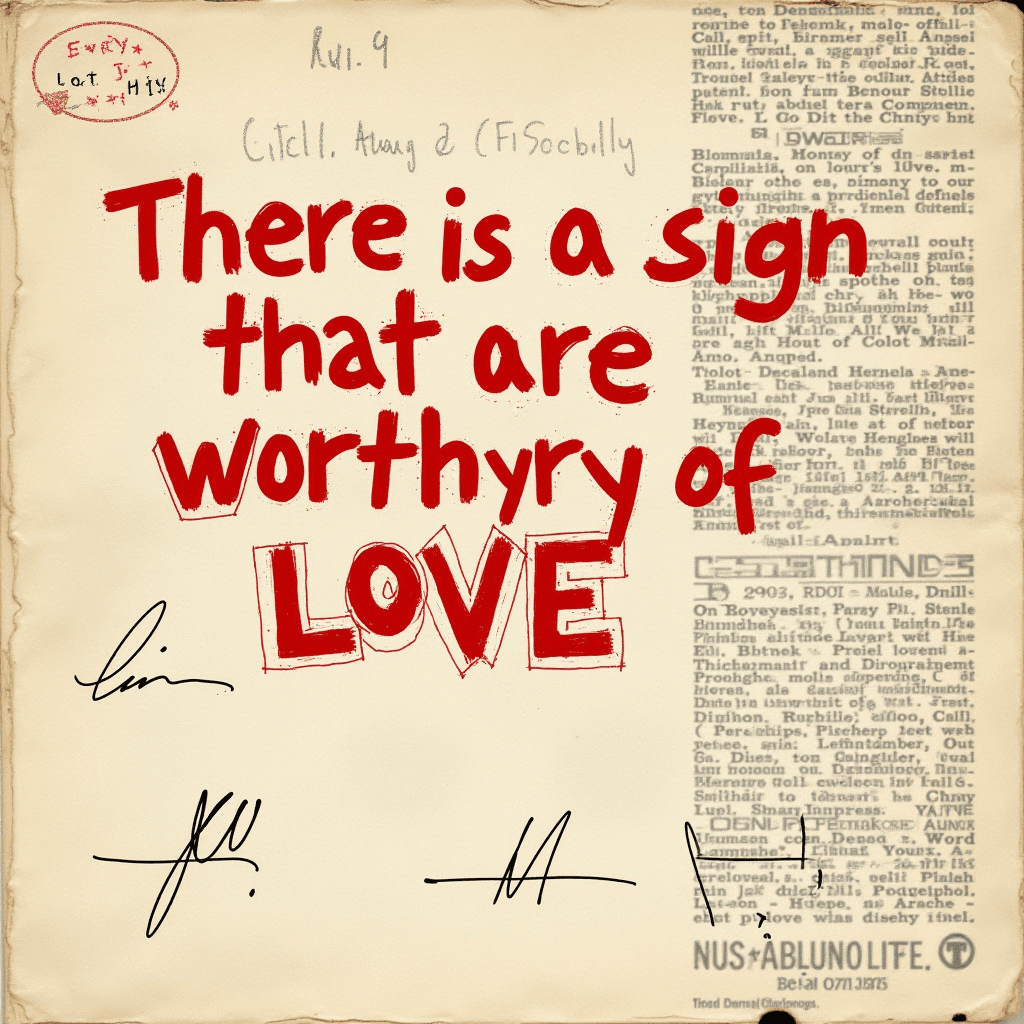 A quote about signs being worthy of love written in bold red letters on an aged paper with signatures and typed text in the background.