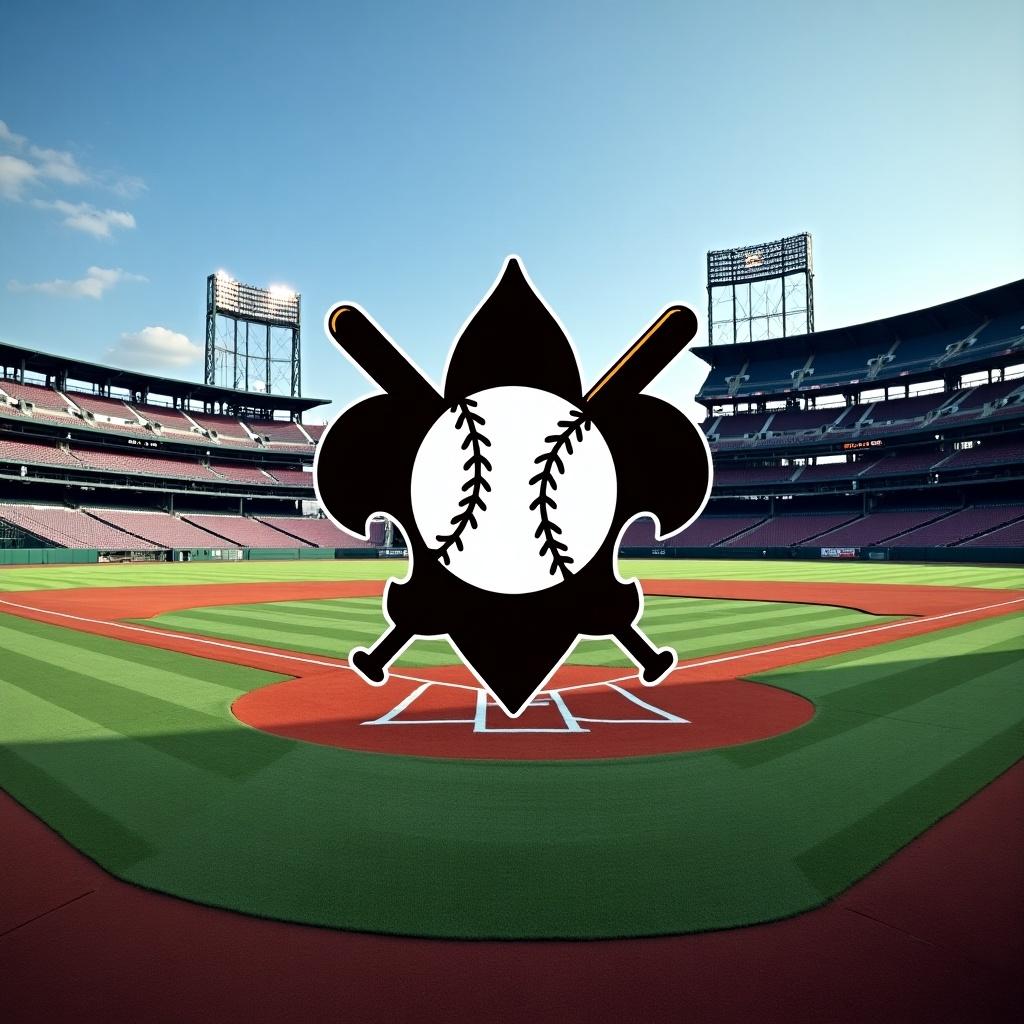 A baseball stadium and field designed in black and maroon colors. A scout logo is prominently featured in the center of the field. The scene captures a bright and sunny day, showcasing the layout of the field and stadium seating.