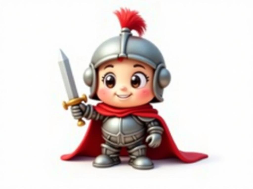 The image features a cute cartoon character resembling a soldier or warrior, with a round head and a large helmet that has a red crest on top. The character has large, cheerful eyes and is smiling. It wears shiny armor and a flowing red cape. The armor has intricate detailing, and the character holds a sword in its right hand, raised as if greeting someone. The background is plain white, making the character stand out.