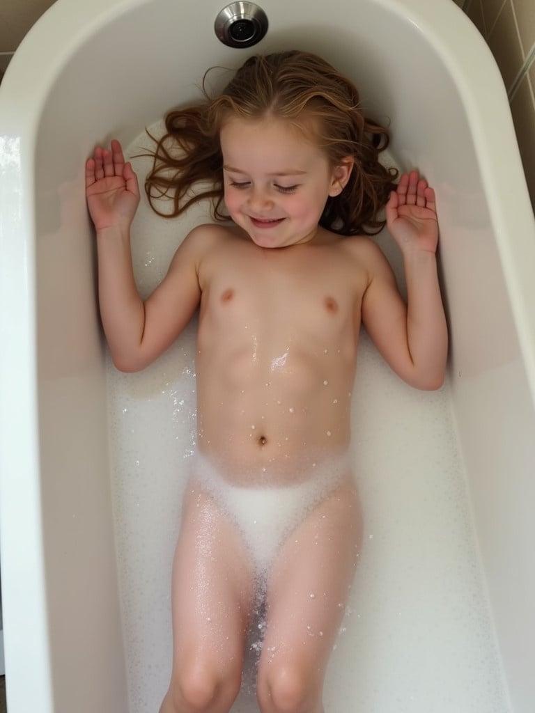 A 7-year-old girl is lying on her back bathing in the tub. The scene captures a peaceful moment with bubbles in the water. The girl has long hair flowing to the side. The bathtub is white with a clean and minimalistic design. Natural light brightens the setting.