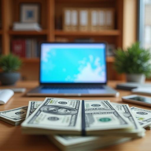 Blurred background features a wood-colored office. A desk has an open laptop and a cell phone showing an online store. Foreground is filled with bundles of dollars on the desk.