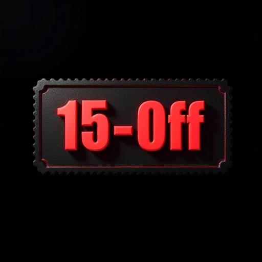 Rectangular black coupon ticket with bold red text saying '15-OFF'. Ticket has perforated or rounded edges with a realistic paper texture. Design is minimalistic with no extra text or logos. The background is black with slight glowing edges. The layout is horizontal and modern.