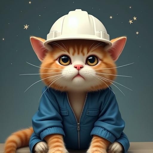 Semi-realistic cat in a hard hat and blue work jacket. Cat has a flat expression. Cardboard box squashed over its head. Only eyes and ears are visible. Cat is slumped. Stars spinning overhead. Slapstick accident style.
