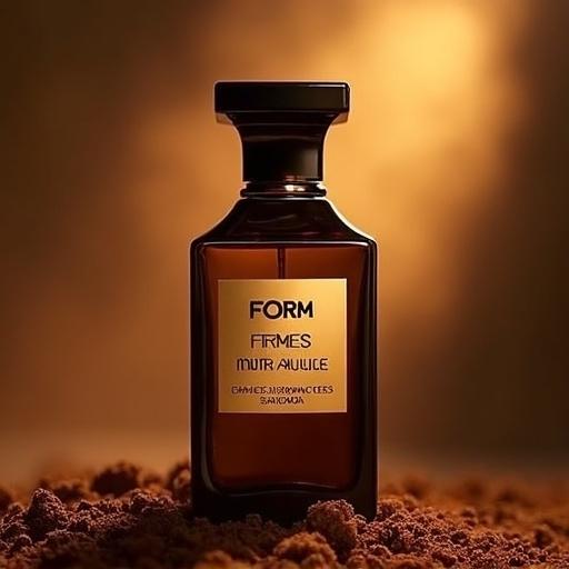 A perfume bottle titled 'FORM' with a rich brown color and gold label. Flat perfume bottle with sleek design sits on textured ground resembling tobacco. Atmosphere is warm and inviting.
