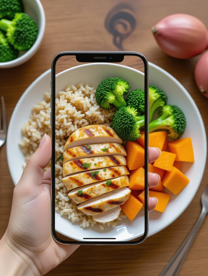 A hand holds a smartphone taking a picture of a fitness meal. The meal includes grilled chicken breast rice broccoli and sweet potatoes. The plate is arranged nicely with vibrant and clean colors on a wooden table. The photo shows a top-down view through the phone screen. There is a modern kitchen background and natural lighting. The style is food photography with shallow depth.