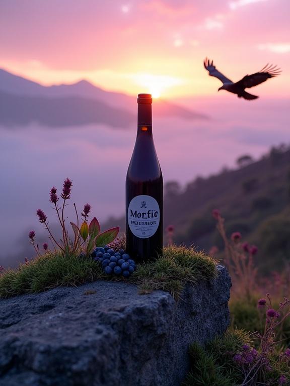 Artisanal blueberry wine bottle on mossy rock surrounded by misty Andean páramo. Wild blueberries and native plants nearby. Majestic condor flying in the background. Soft sunset lighting creates mystical atmosphere. Photograph features deep purple and green tones in a cinematic style.