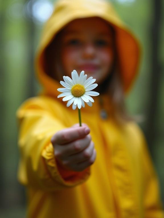 Girl in yellow raincoat holds daisy towards the camera. Extreme low-angle shot with macro focus on flower petals. Background is a blurred forest with bokeh. Soft morning mist effect is visible. Painterly depth of field is created.