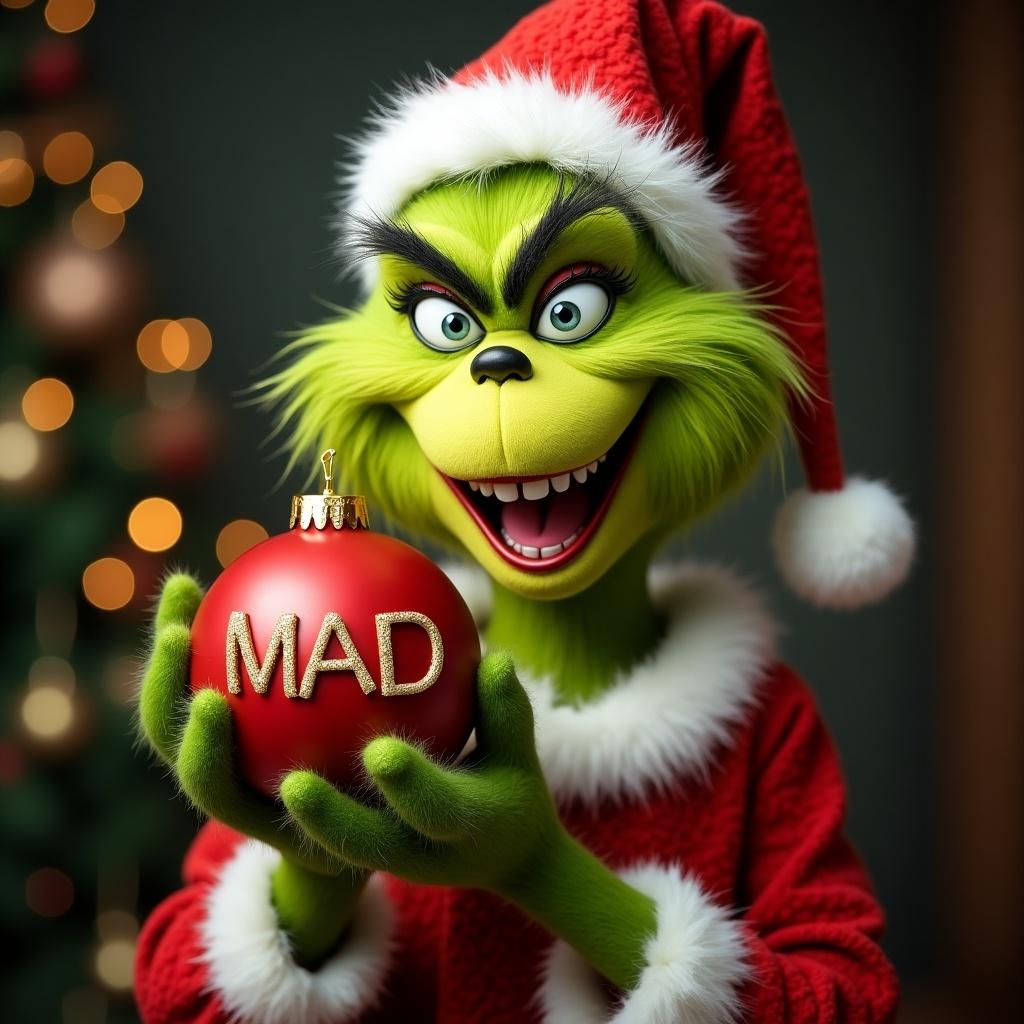 The Grinch smiling while holding a red Christmas ornament. The ornament has the word MAD written in gold letters. The Grinch is wearing a red Santa hat and a festive outfit.