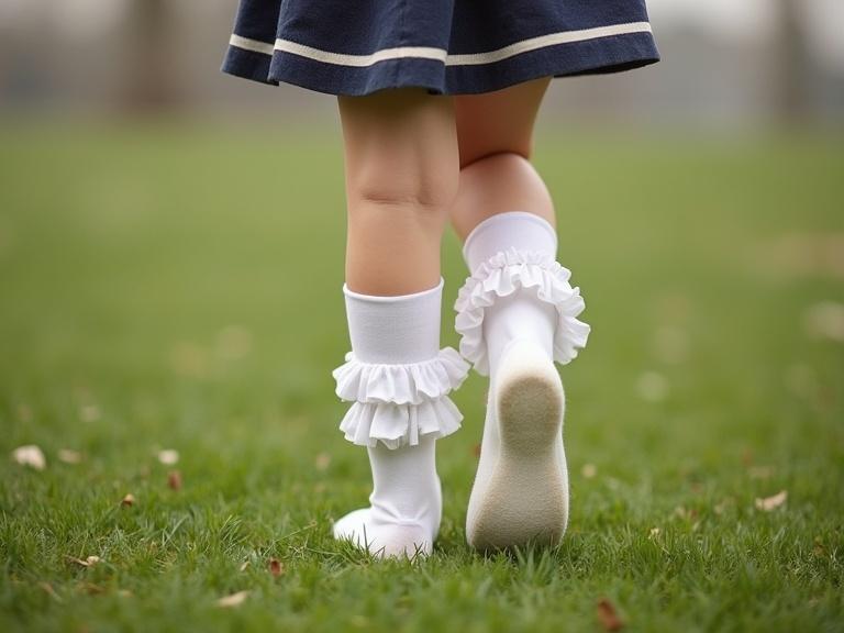 A girl walks on the grass wearing white tights and ruffle socks. The scene is playful and captures a comfortable outdoor moment. The focus is on the girl's legs as she walks.