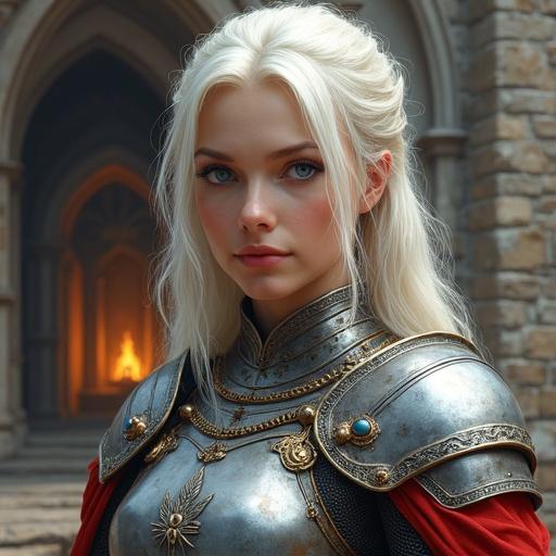 Portrait of a young woman with long white hair styled in a high ponytail and some strands framing her face. She has piercing blue eyes. An intricate polished steel plate armor is worn, adorned with golden accents and blue gems. Large articulated shoulder pads and a gorget protect her neck. An emblem resembling a compass rose or sun with a red gem is on one shoulder. A red cape drapes over her shoulders. The background features a stone castle wall with a gothic window and distant flames. Realistic and fantastic digital painting style.