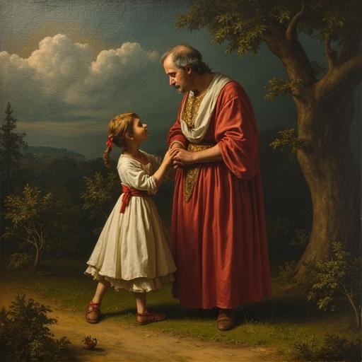 Oil on canvas visually depicting a man and a girl. The girl wears a white dress with a red ribbon. The man wears a red robe. They share a touching moment in a natural setting with trees and hills.