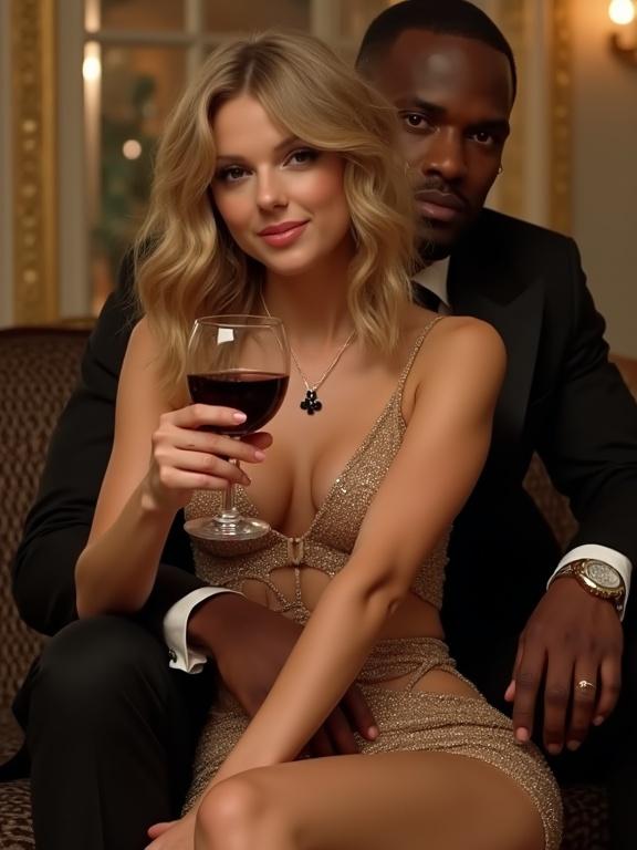 Beautiful woman and man sit on a couch at an awards show. Woman wears a sparkly nude dress. She holds a glass of wine. The man holds her tightly. Both smile at the viewer. Side angle view.