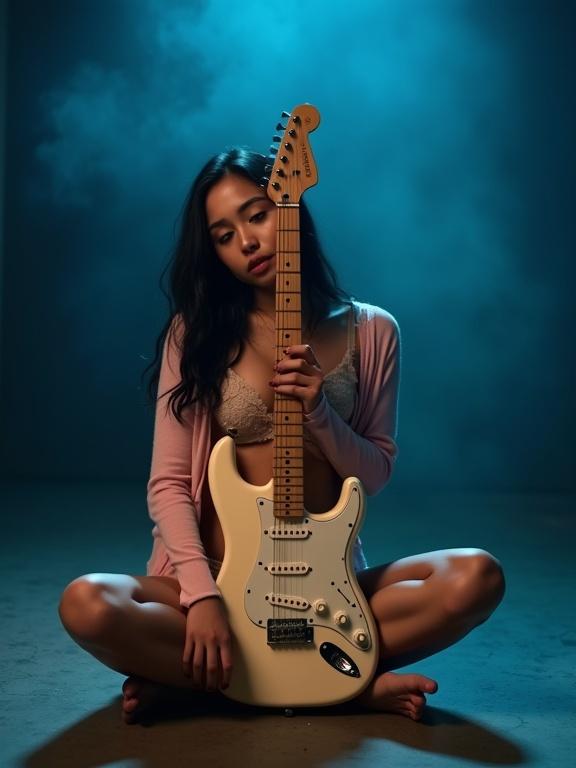 Young woman seated on studio floor with electric guitar. Dimly lit background with smoke. She has long black hair and wears soft pink cardigan over lace lingerie. Legs in relaxed V position. Facial expression playful yet introspective. Mood is intimate and artistic.