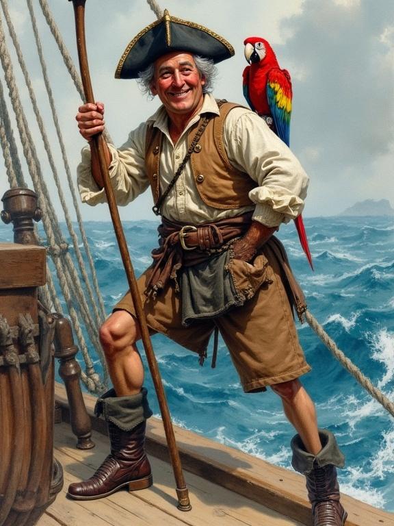 One-legged John Silver dressed in cook's clothes. Parrot on shoulder. Standing on a ship. Leaning on crutch. Simple shabby sailor's outfit. Faces stormy sea. Inspired by 'Treasure Island' by Stevenson. Watercolor style reminiscent of 18th century English masters.