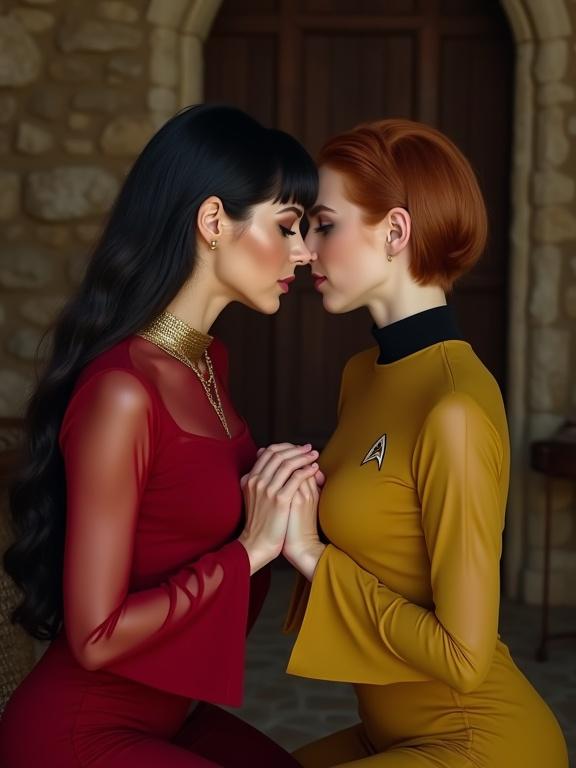 Photograph features two women in an intimate pose. Setting includes medieval-style interior with stone walls. Left woman is a Vulcan in deep red uniform. Right woman wears sheer yellow uniform of the USS Enterprise. Their hands gently touch each other's breasts. Warm lighting enhances the atmosphere.