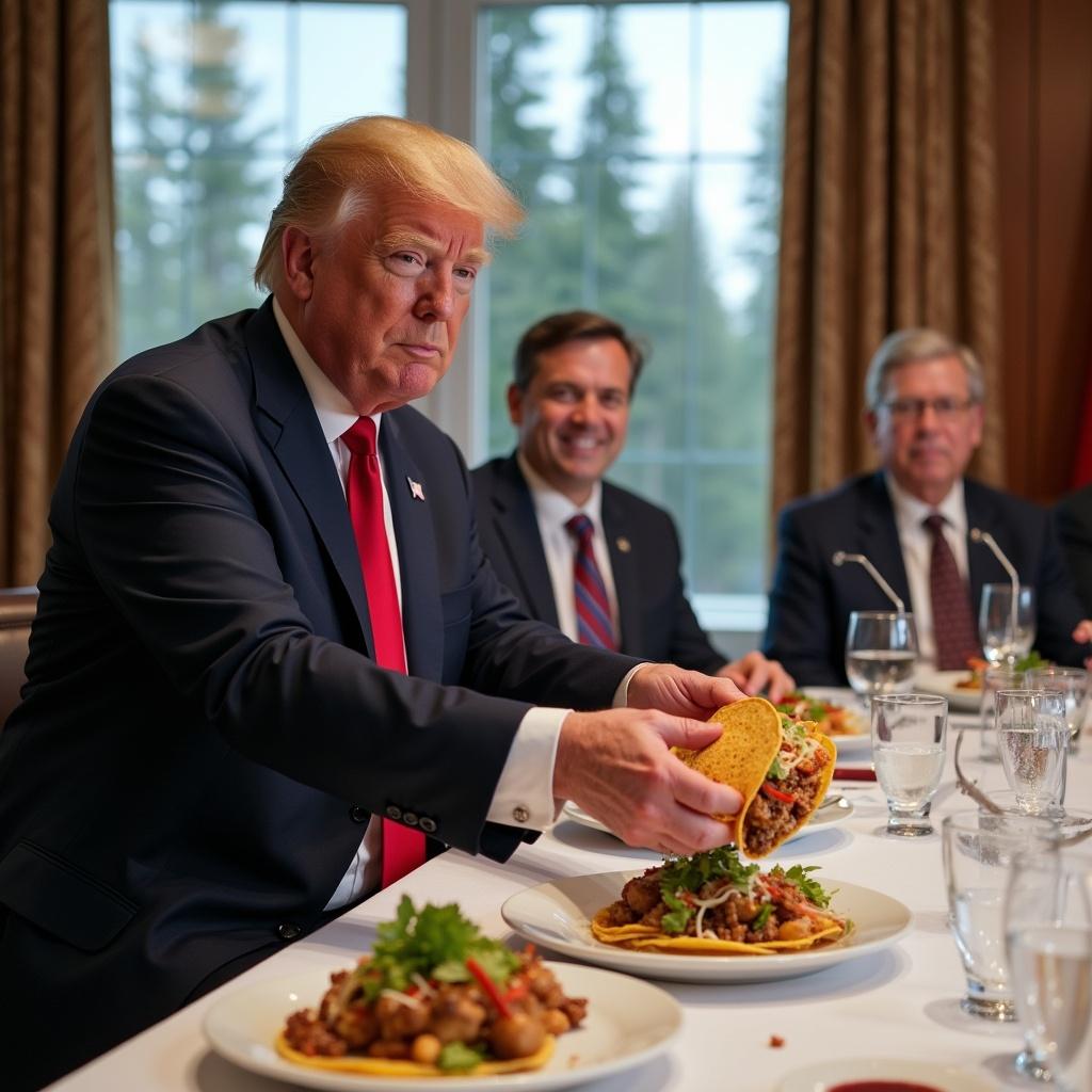 Donald Trump is serving tacos at a table during the G7 conference in Alberta Canada. Delegates sitting around the table. Focus on food and interaction.