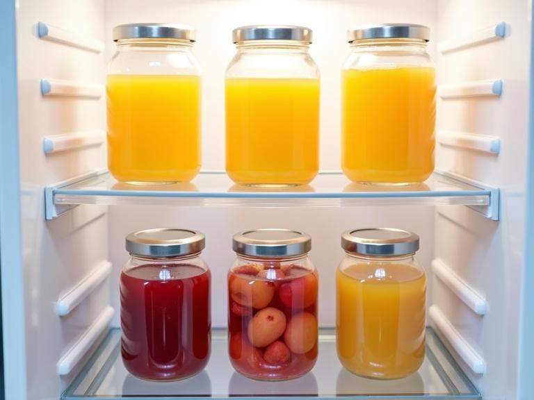 Photo of an open refrigerator with two shelves. Top shelf has six identical glass bottles of orange juice. Bottom shelf contains three identical glass jars of red jam. Clear plastic separators divide the shelves. Bright lighting highlights a clean modern refrigerator interior. Jars and bottles are neatly aligned. Glass jars have metal lids. Orange juice bottles have silver caps. Red jam shows visible fruit pieces. White refrigerator walls create a minimalist style. High angle view with no people. Scene emphasizes food and drink.