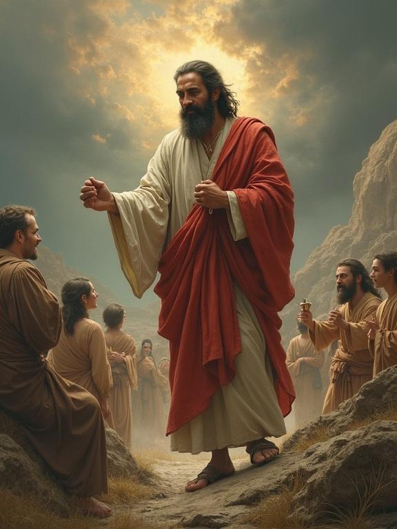 A deity figure walking towards a group of followers in a mountainous landscape. The figure wears traditional attire with a red cloak. Background features dark clouds and a sense of solemnity. The followers display various expressions of contemplation and recognition.