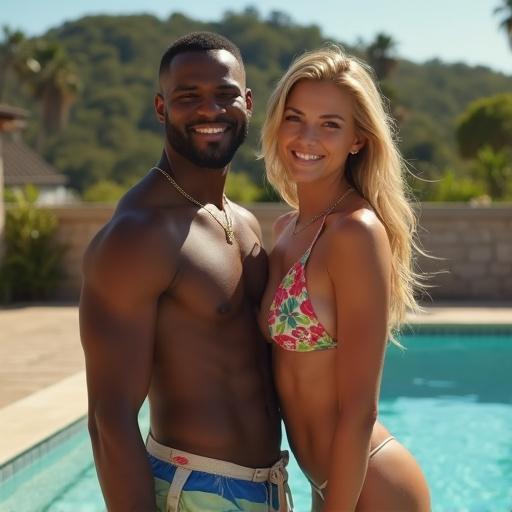 A couple poses together by a pool during a swimsuit photoshoot on a sunny day. The scene captures a lively and romantic atmosphere with vibrant colors.