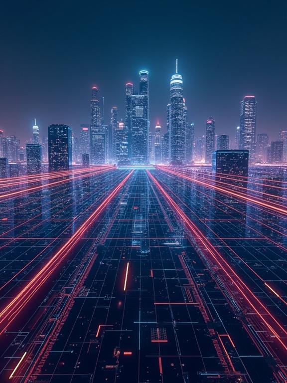 High-tech skyline features glowing grid lines. Architectural wireframe shows futuristic elements. Vector linework includes neon accents. Mood conveys technological vastness and utopian feel.