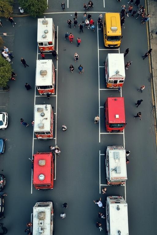 Aerial view showing a trapezium parking lot. Multiple food trucks parked vertically in line neatly in defined spots. Defined parking spaces and roads. Busy pedestrian street scene.