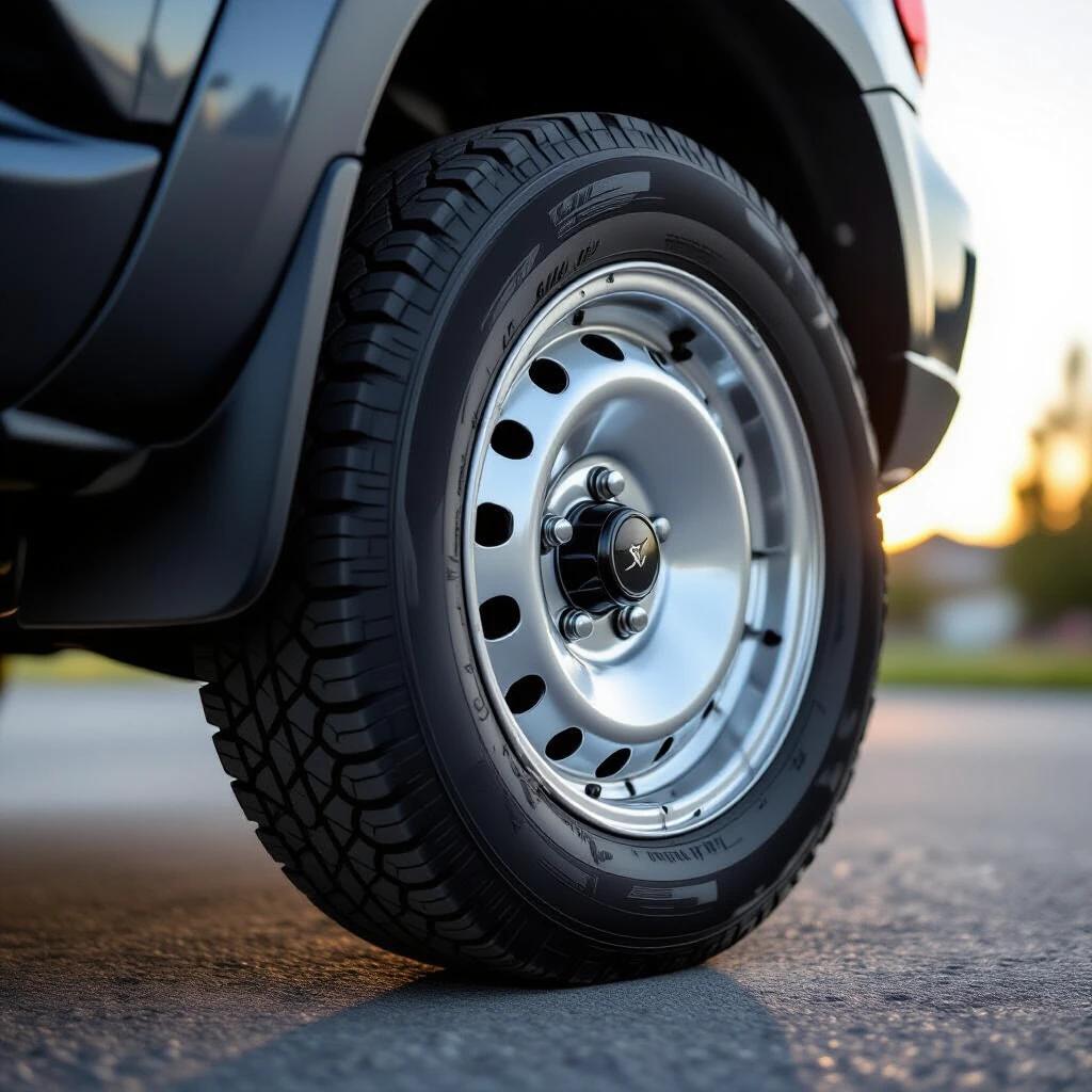 Partial deflation visible on the tire Kick marks on the upper sidewall intact surface of the tire Modern radial tire design with silver alloy wheel