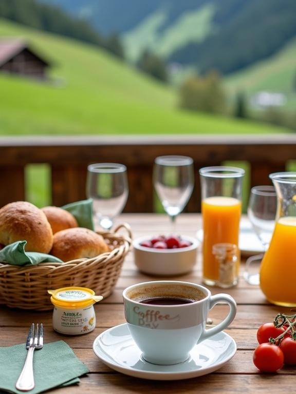 Image shows outdoor alpine breakfast scene with coffee, juices, yogurt, honey, bread, fruit, and a view of lush mountains. Items on table include white porcelain coffee cup, orange juice carafe, yogurt cup, mini jars of jam, and a basket of bread rolls. Bright cherry tomatoes add freshness. Setting shows a rustic wooden table with natural surroundings, enhancing peaceful breakfast atmosphere.