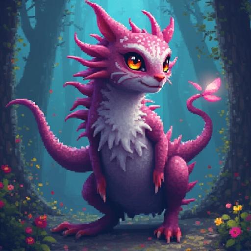 A pixel art creature in a forest, vibrant colors, magical atmosphere, fantasy style.