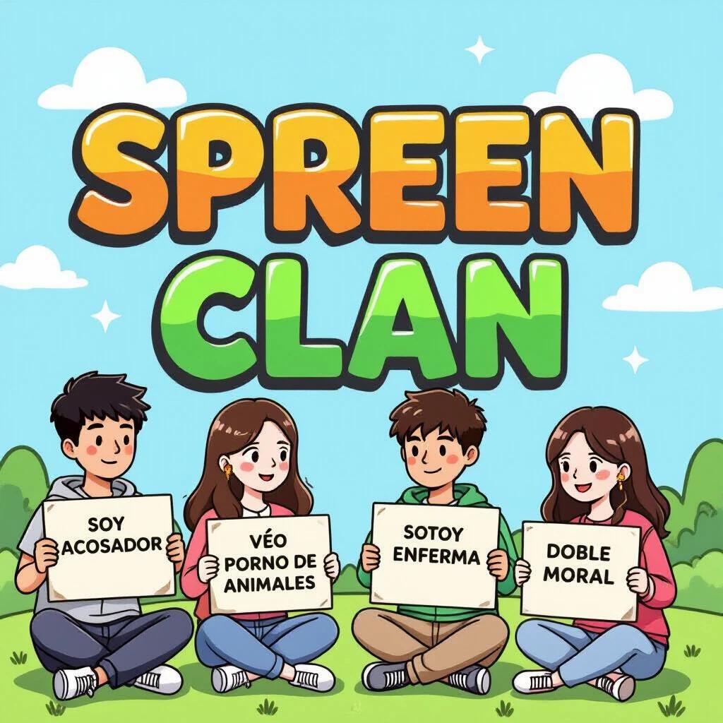 Image features a group of four young individuals holding various signs. Background has the text 'Spreen Clan' written in bold colors. Each sign displays a unique phrase. The characters exhibit distinct hairstyles and outfits. The setting is a sunny outdoor scene with greenery and blue skies.