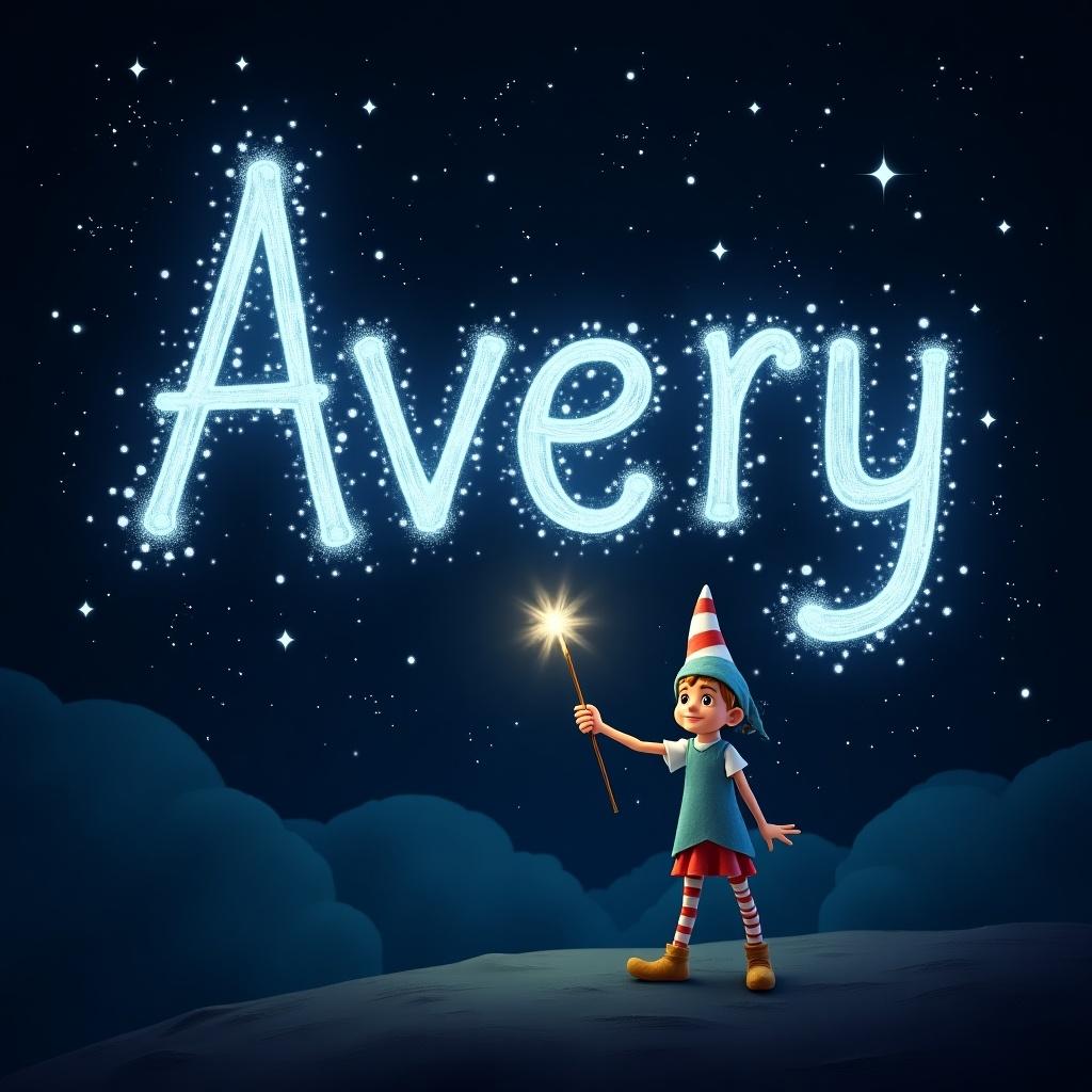 An elf is using a magical wand to write the name 'Avery' in sparkling text against a starry night sky. The scene is enchanted, with dark clouds below emphasizing the luminous letters. The elf is wearing colorful clothing, adding to the whimsical atmosphere. It's a captivating image that evokes feelings of wonder and adventure. The background is enhanced by twinkling stars that add to the magical effect within the scene.