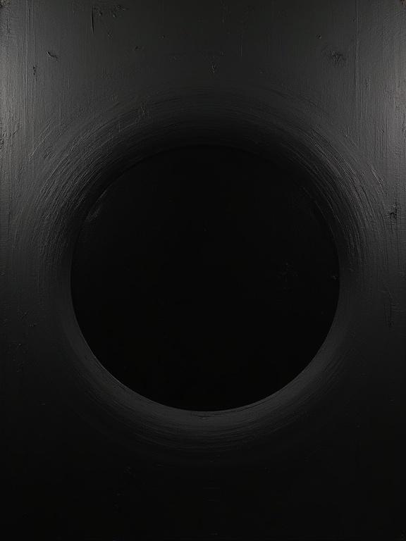 An extremely rough oil painting on a completely black background. A giant silhouette eye emerges from the top right corner of the page. The eye is completely black, and the iris is filled with a black cosmic void.