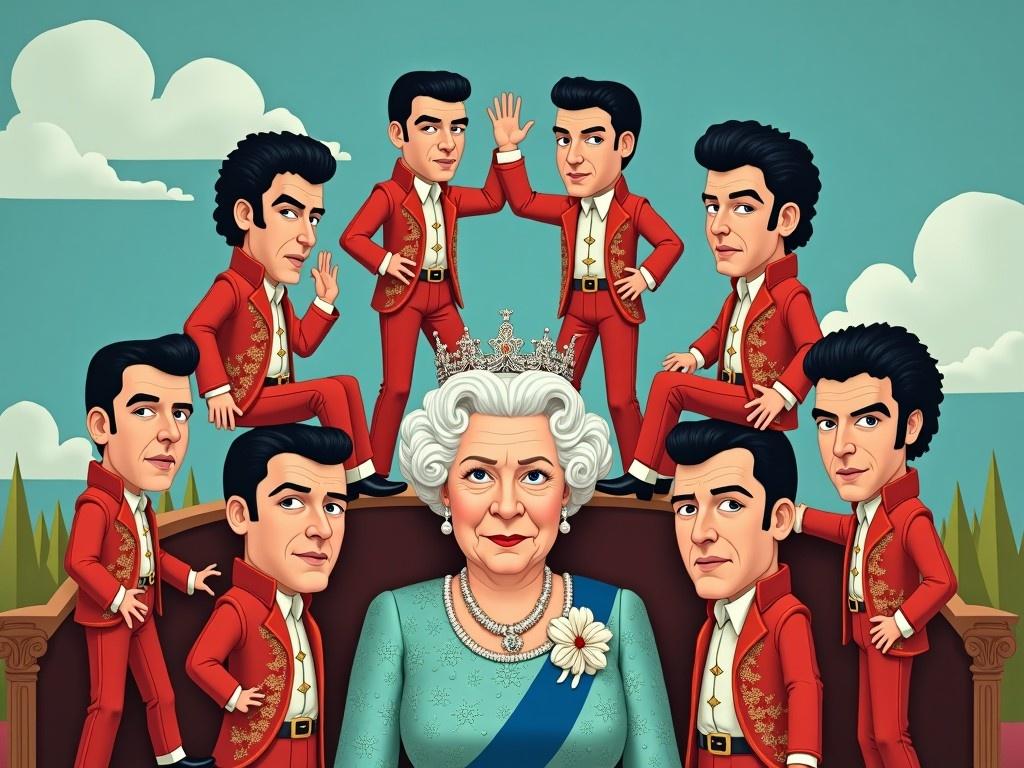 The image features a playful and colorful illustration of iconic musicians stacked above Queen Elizabeth II. Seven Elvis Presleys pose in dynamic stances above five Elton Johns, creating a sense of musical hierarchy. Four Michael Jacksons showcase their signature dance moves directly above one Freddie Mercury, who is elegantly posed. The Queen, adorned with a crown and royal blue sash, lends a regal presence to the scene, sitting confidently below the musicians. The background is a bright turquoise, enhancing the cheerful vibe of this whimsical tribute. Clouds add a lighthearted touch to the overall composition, making it visually engaging and fun.