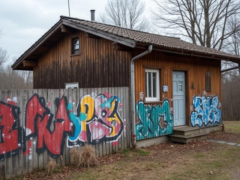 Graffiti-covered fence beside a wooden hut in a modern village setting. The hut features a simple design and rustic charm. Overcast sky in the background creates a subdued atmosphere. Grass and trees surround the house.