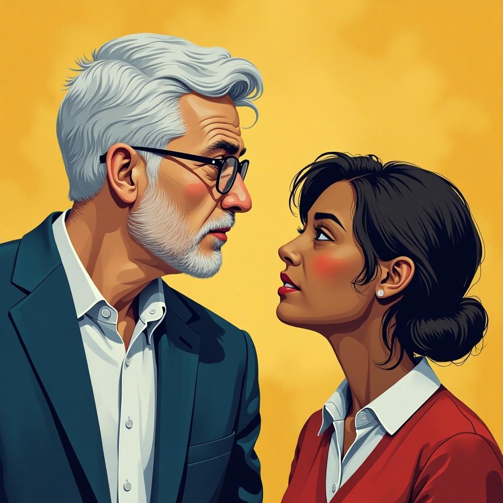 The image features a close-up of two individuals—a mature man with grey hair and glasses, and a young woman with dark hair, both facing each other. Their expressions are serious yet contemplative, suggesting a deep conversation. The background is a warm yellow, creating a friendly and inviting atmosphere. The man appears to be offering guidance, while the woman looks determined yet vulnerable. This visual representation highlights the intersection of academic struggles faced by nontraditional doctoral students, emphasizing the importance of mentorship and support in their educational journey. Their exchange symbolizes the balance between personal doubts and academic aspirations.