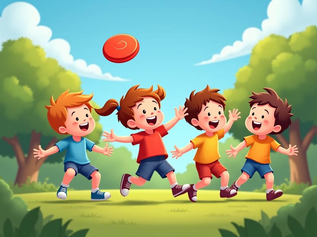 A vibrant scene shows a group of children joyfully playing with a frisbee outdoors. They are laughing and running in a sunny park, surrounded by lush green trees. Each child is dressed in colorful t-shirts and shorts, adding to the cheerful atmosphere. The frisbee is seen flying in the air, emphasizing dynamic movement. This scene captures the essence of childhood joy and friendship in an inviting outdoor setting.