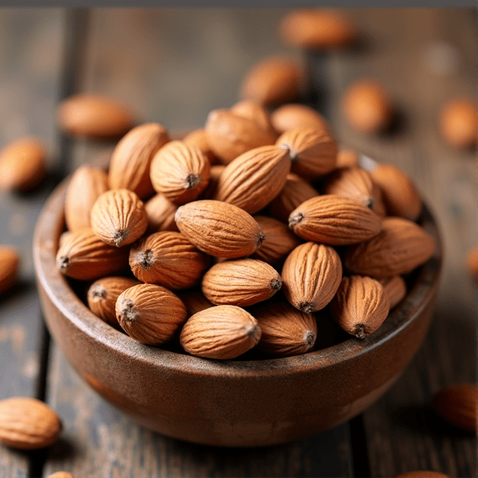 A wooden bowl filled with whole almonds is placed on a rustic wooden table.