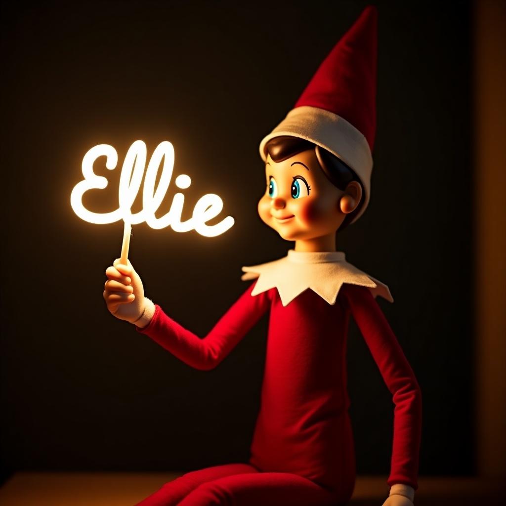 This image showcases a charming elf on the shelf character, dressed in classic red and white holiday attire. The elf is joyfully holding a glow stick, which illuminates the name 'Ellie' in a beautiful, soft light. The dark background accentuates the glow, creating a warm and inviting ambiance. This festive scene captures the enchanting spirit of the holiday season, perfectly embodying the themes of joy and magic associated with Christmas. It's a delightful portrayal that evokes nostalgia and cheer, ideal for holiday celebrations.