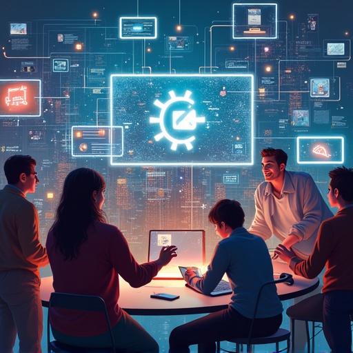 A scene shows diverse individuals collaborating in a digital space. Individuals share art music and code. Glowing lines connect people. The atmosphere feels energetic. The focus is on creative expression and community building.