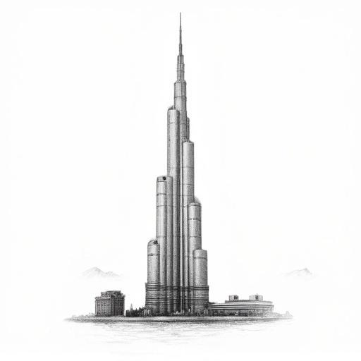 Sketch of Burj Khalifa displayed on a clean white background. Focus on the detailed structure of the building. Emphasize vertical lines and silhouette. Capture the essence of modern architecture and urban design.