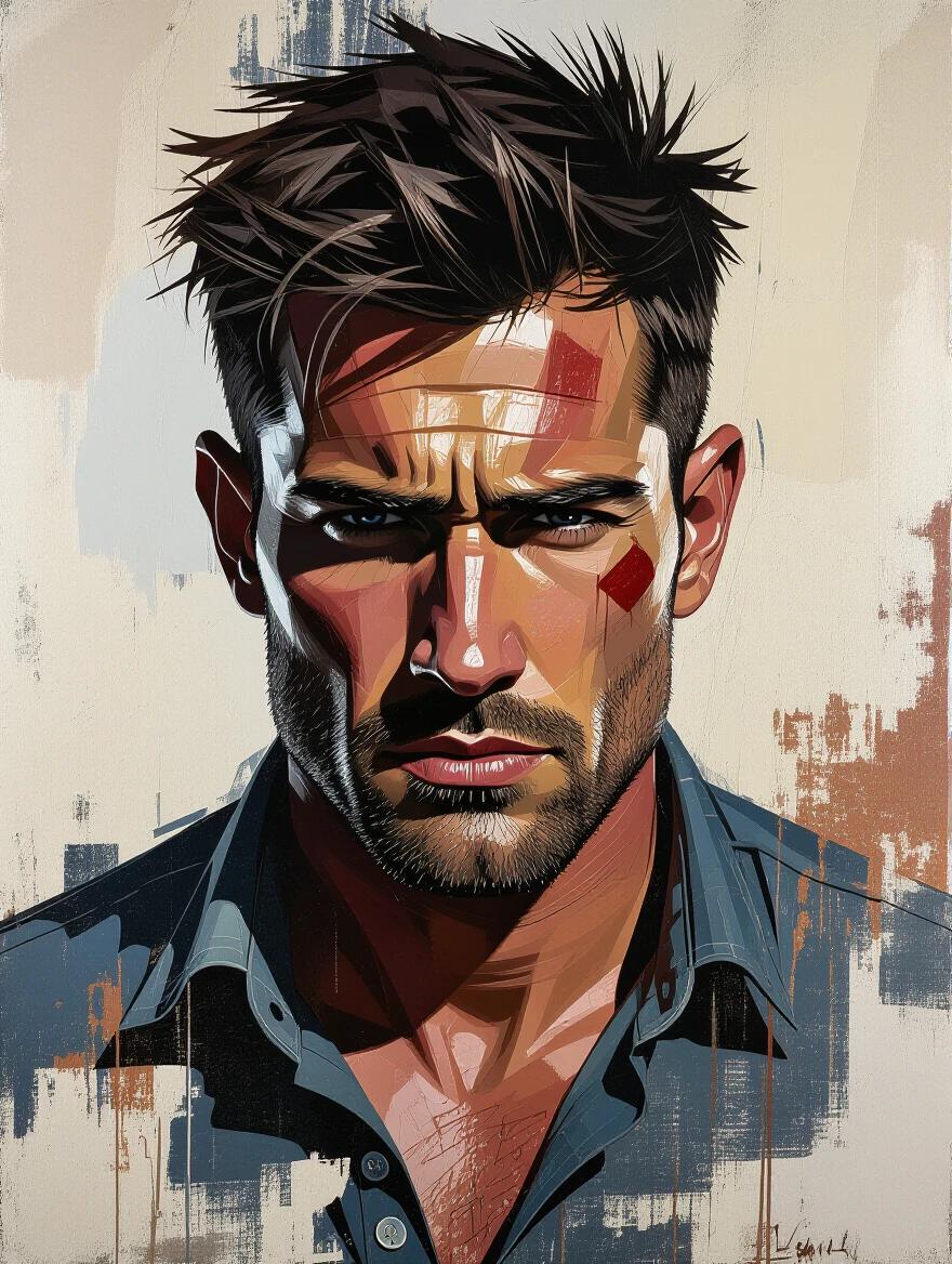 Portrait of a man with an intense expression. Features smeared oil paint texture. Expressive brushwork shows raw emotion. Background has graffiti textures and a distressed wall. The color tones are muted. The lighting is chiaroscuro. The style is contemporary expressionism. Influenced by artist Guy Denning. High-quality fine art.
