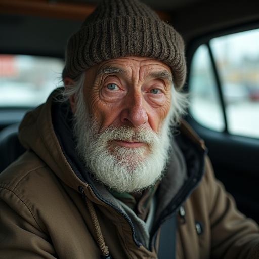 Close-up portrait of an old man. Elderly hermit with a beard. Natural light in a parking setting.