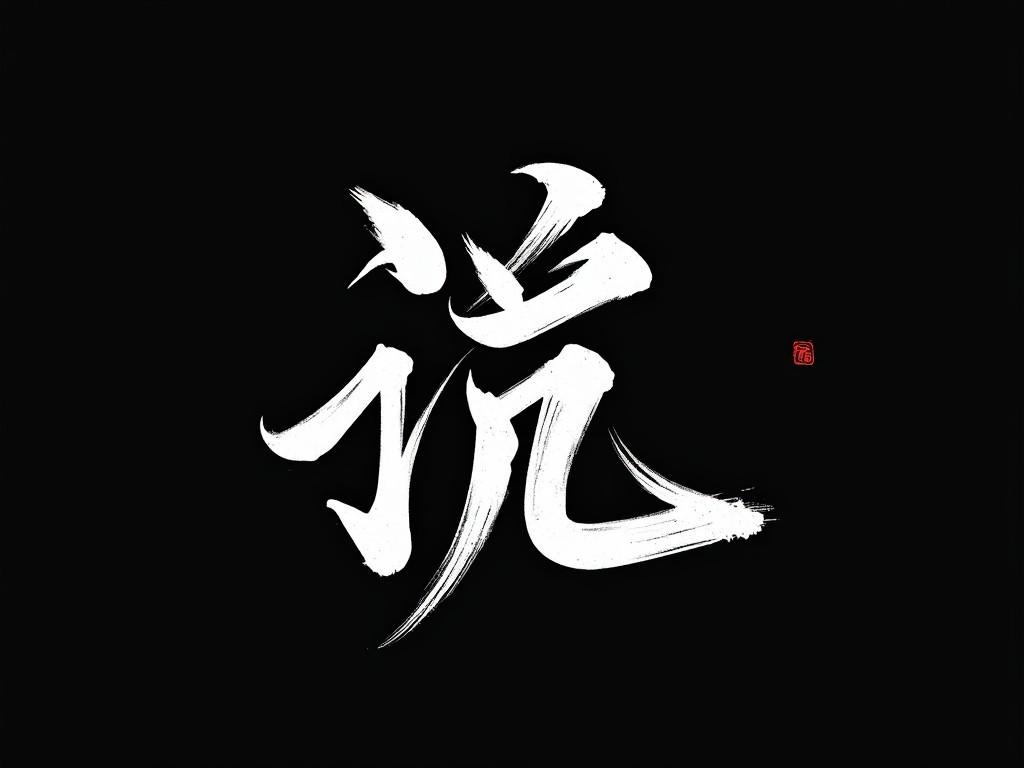 The image features a stylized Chinese character set against a plain black background. The character is painted in white with bold, sweeping strokes that create a sense of motion. It reflects traditional calligraphy styles, showcasing the elegance and depth of the language. The high contrast between the black and white adds to its visual impact. This artwork could be used in various cultural contexts to represent strength and creativity.